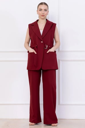 Kemerli Yelekli Takım Bordo HM2749