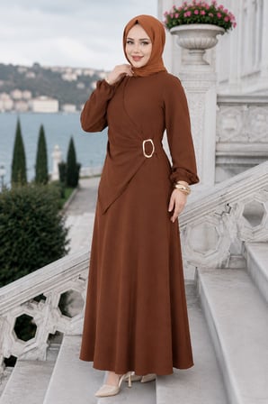 Yandan Tokalı Ayrobin Elbise Kahverengi HM2914