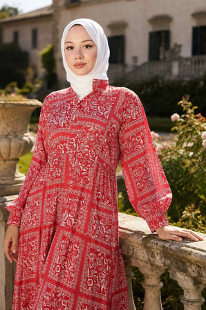 Etnik Desenli Elbise Kırmızı HM262799