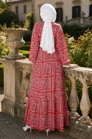 Etnik Desenli Elbise Kırmızı HM262799