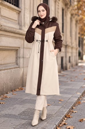 Peluş Astarlı Renk Garnili Mont Kahverengi HM2963