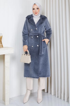 Düğmeli Kuşaklı Angora Kaban Füme HM2969