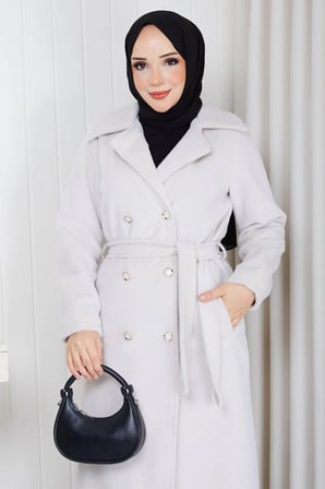 Düğmeli Kuşaklı Angora Kaban Krem HM2969