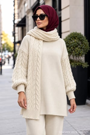 Atkılı Triko Takım Krem Rengi HM2960