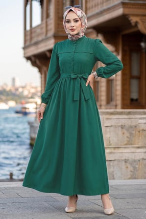 Beli Kuşaklı Terikoton Elbise Yeşil HM2908