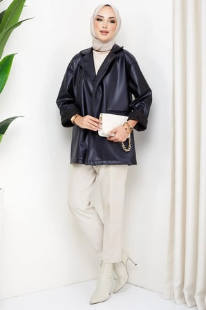 Oversize Deri Ceket Lacivert HM2338