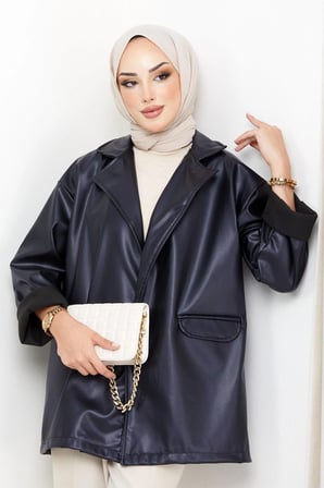Oversize Deri Ceket Lacivert HM2338
