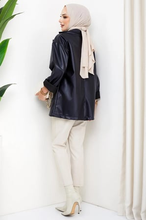 Oversize Deri Ceket Lacivert HM2338