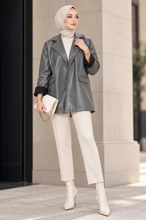 Oversize Deri Ceket Gri HM2338