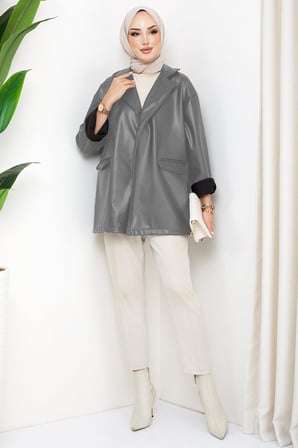 Oversize Deri Ceket Gri HM2338