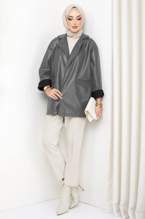 Oversize Deri Ceket Gri HM2338