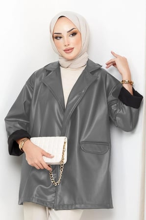 Oversize Deri Ceket Gri HM2338