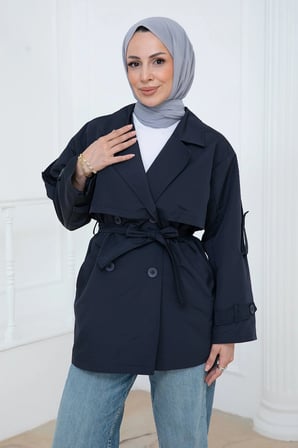 Kruvaze Yaka Kısa Trençkot Lacivert HM2977