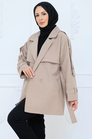 Kruvaze Yaka Kısa Trençkot Vizon HM2977