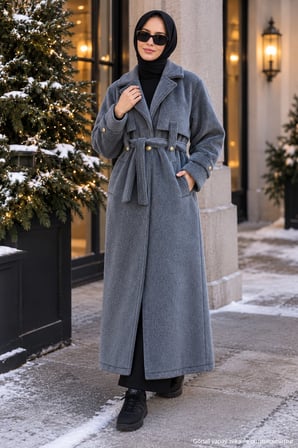 Kuşaklı Angora Tesettür Kaban Füme HM2974