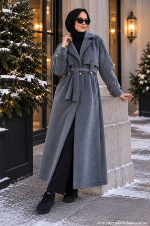 Kuşaklı Angora Tesettür Kaban Füme HM2974