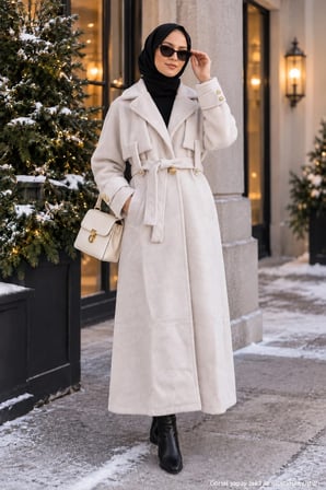 Kuşaklı Angora Tesettür Kaban Krem HM2974