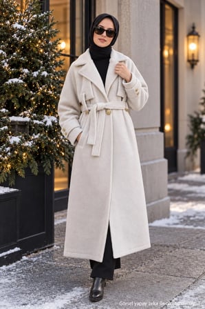 Kuşaklı Angora Tesettür Kaban Krem HM2974