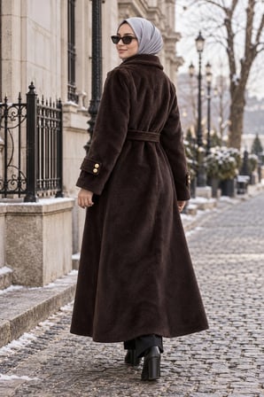 Kuşaklı Angora Tesettür Kaban Kahverengi HM2974