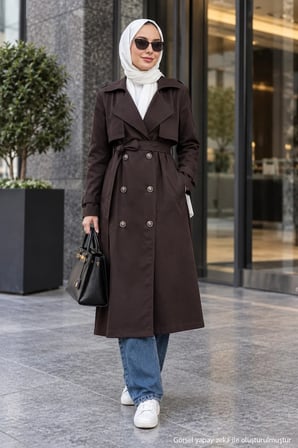 Çift Sıra Düğmeli Astarsız Kuşaklı Trençkot Kahverengi HM2979