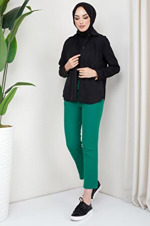 Düğmeli Bağcıklı Kumaş Pantolon Yeşil