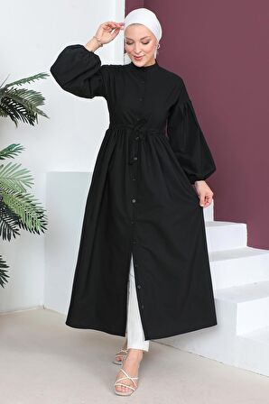 Boydan Düğmeli Balon Kol Elbise Siyah