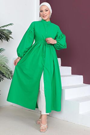 Boydan Düğmeli Balon Kol Elbise Yeşil