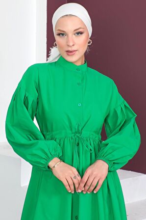 Boydan Düğmeli Balon Kol Elbise Yeşil