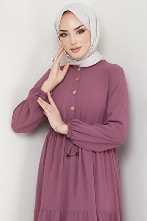 Büzgülü Düğmeli Ayrobin Elbise Gül Kurusu