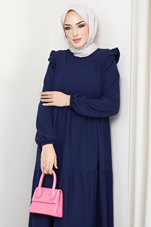 Omuzu Fırfırlı Ayrobin Tesettür Elbise Lacivert