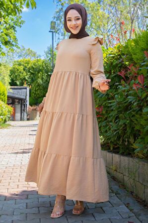 Omuzu Fırfırlı Ayrobin Tesettür Elbise Camel