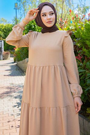 Omuzu Fırfırlı Ayrobin Tesettür Elbise Camel