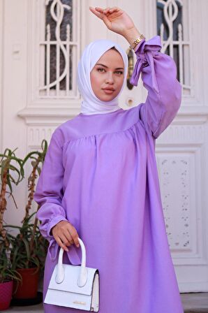 Robalı Kol Ucu Bağlamalı Elbise Lila HM2081