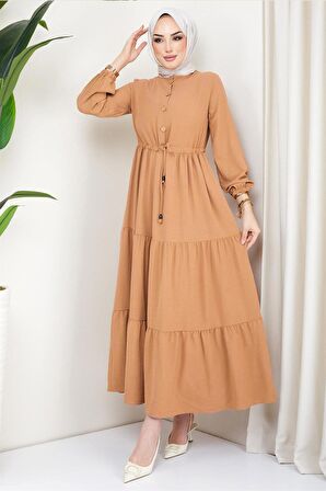 Büzgülü Düğmeli Ayrobin Elbise Camel