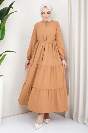 Büzgülü Düğmeli Ayrobin Elbise Camel