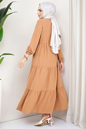 Büzgülü Düğmeli Ayrobin Elbise Camel