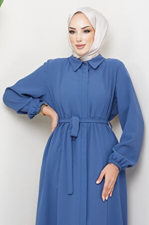 Gömlek Yaka Kuşaklı Ferace İndigo HM2253