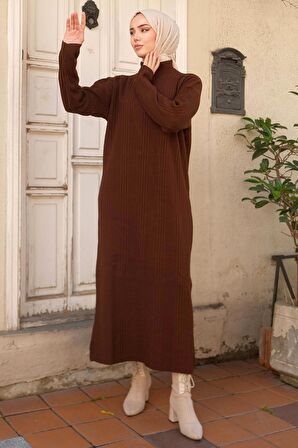 Fitilli Triko Elbise Kahverengi HM2247