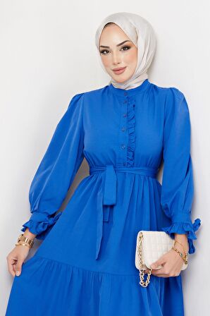 Önü Fırfırlı Kolu Bağlamalı Elbise İndigo HM2078