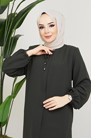 Önü Patlı Büyük Beden Haki Ferace