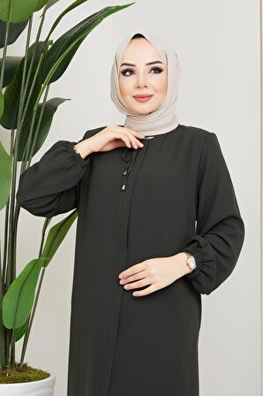 Önü Patlı Büyük Beden Haki Ferace