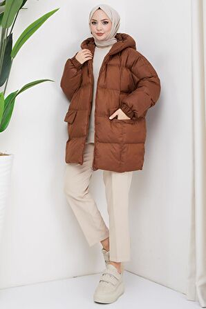 Kapşonlu Oversize Şişme Mont Kahverengi HM2314