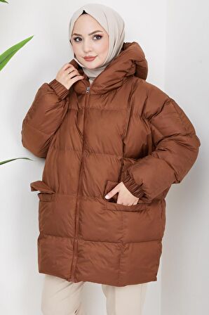 Kapşonlu Oversize Şişme Mont Kahverengi HM2314