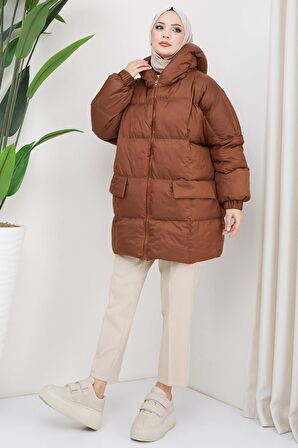 Kapşonlu Oversize Şişme Mont Kahverengi HM2314