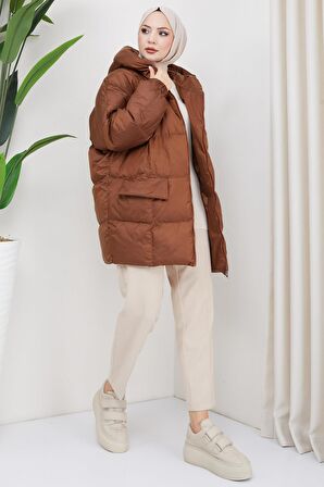 Kapşonlu Oversize Şişme Mont Kahverengi HM2314