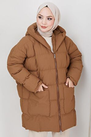 Kraşlı Oversize Dolgulu Mont Kahverengi HM2316