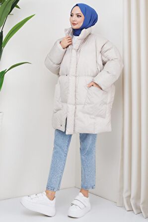 Oversize Torba Cep Şişme Mont Ekru HM2317