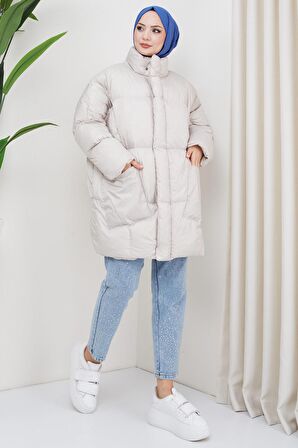 Oversize Torba Cep Şişme Mont Ekru HM2317