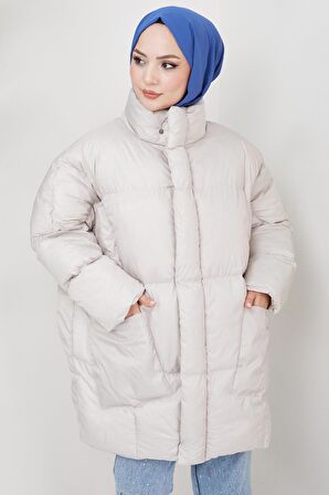 Oversize Torba Cep Şişme Mont Ekru HM2317