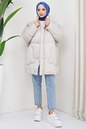 Oversize Torba Cep Şişme Mont Ekru HM2317